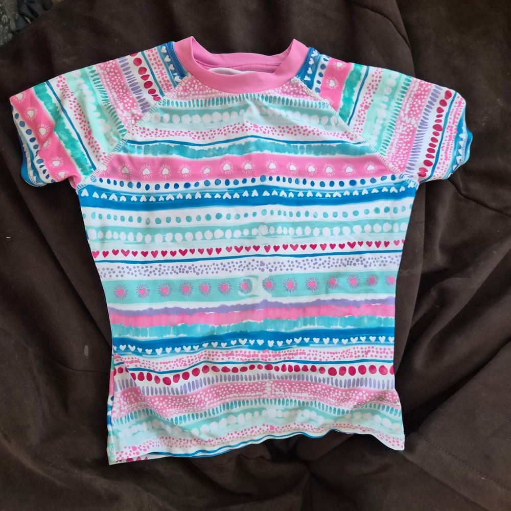 Eddie Bauer Kids Rash Guard Swim Shirt Pink Blue Striped Heart Size S 7/8 Beach‎